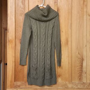 Venus Long Sleeve Cable Knit Cowl Neck Pockets Sweater Dress, Small, Olive Green